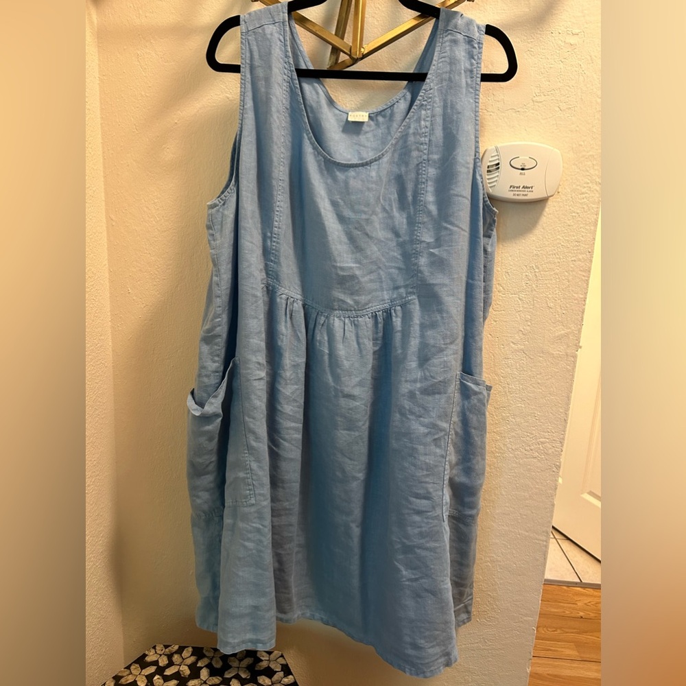 Poetry Sleeveless Linen Smock Dress Blue with Pockets Size 18